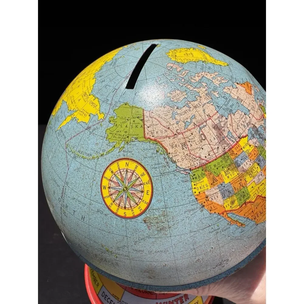 Vintage Metal Globe Coin Bank By Ohio Art Co with Months Seasons Zodiac Signs